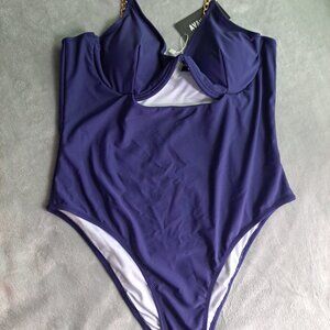NWT Avanova Swimsuit Navy Large Gold Chain Suspender Underwire One Piece